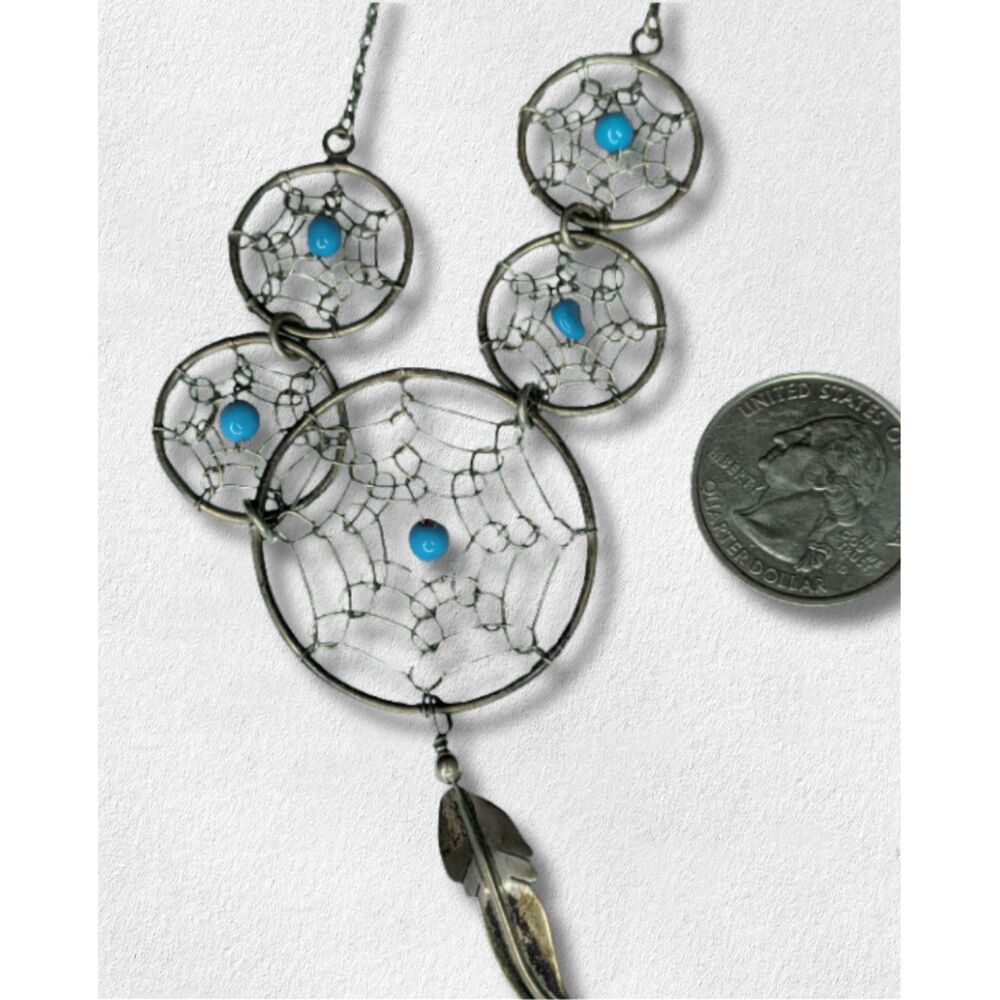 925 Sterling Silver Dreamcatcher Necklace Turquoise Native American - Picture 3 of 3